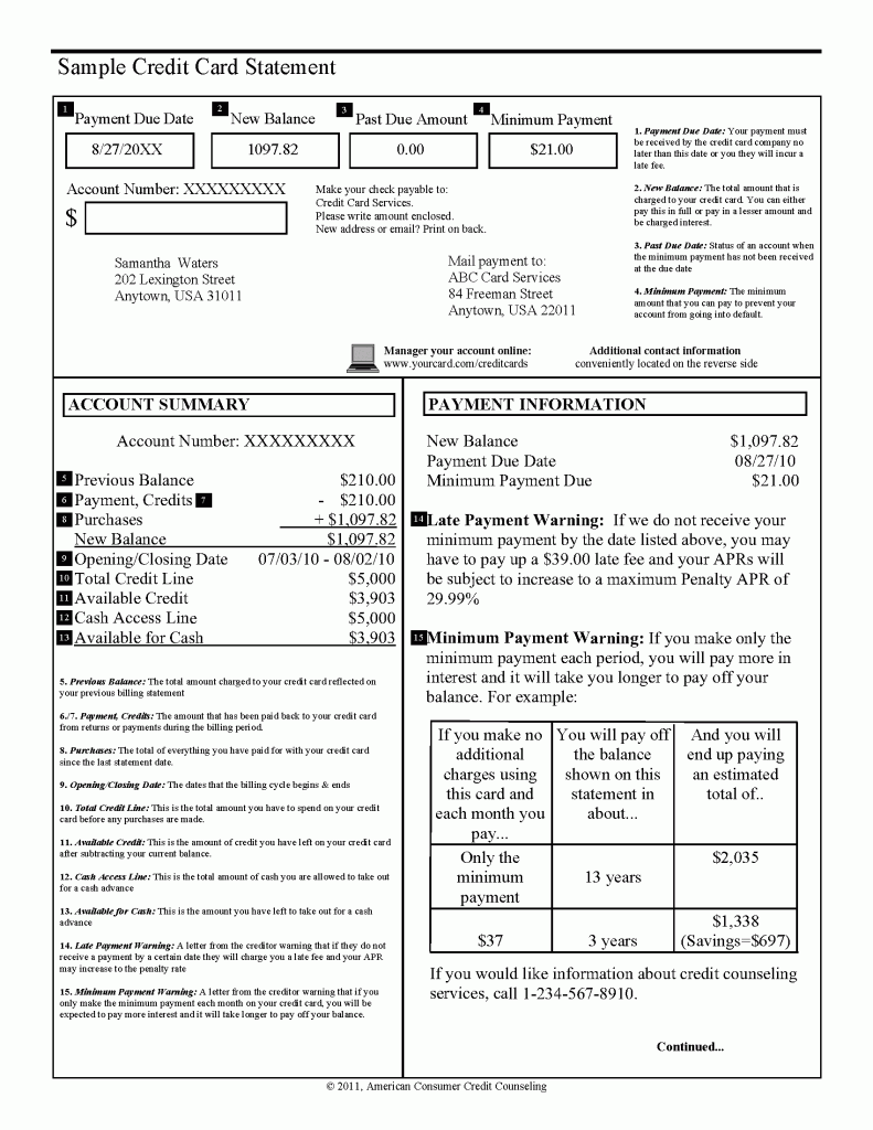 Sample credit card statement