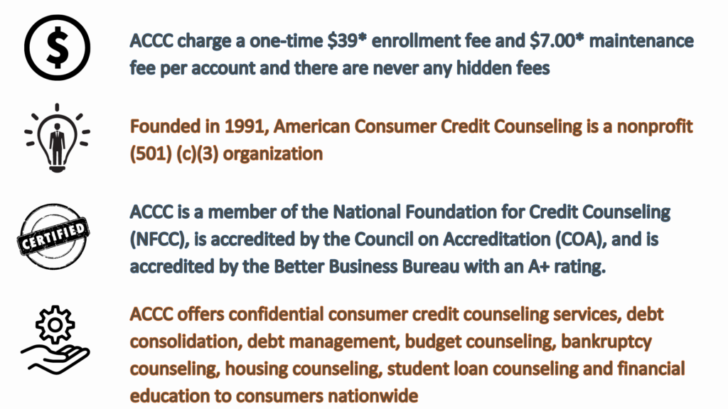 ACCC is a expert credit counseling agency offering consumer credit counseling services and debt management plans